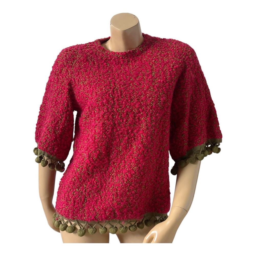 Vintage Aladdin Sweater Womens 10 Red Green Textured Boucle Pom Pom Trim Boho